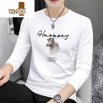 YANXU秋季男士长袖t恤男印花圆领2023新款潮牌打底衫休闲体恤衫上衣服