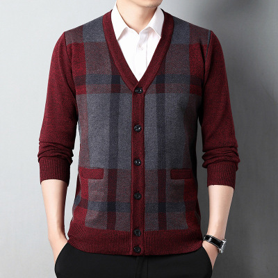 秋冬男针织开衫新款条纹单排扣中老年款爸爸装拼色外搭衫