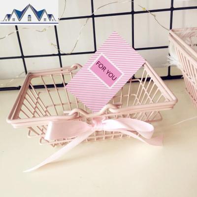 ins少女心粉色蝴蝶结铁艺迷你购物篮收纳篮桌面摆件摆拍道具 三维工匠