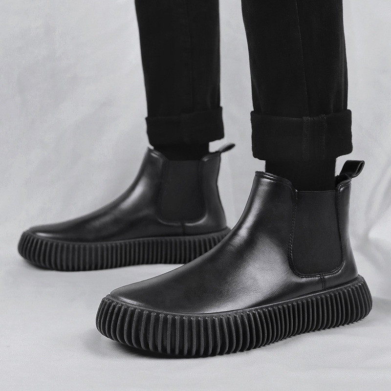 秋冬上新复古百搭皮面工装靴时尚切尔西男士休闲短靴厚底增高男靴