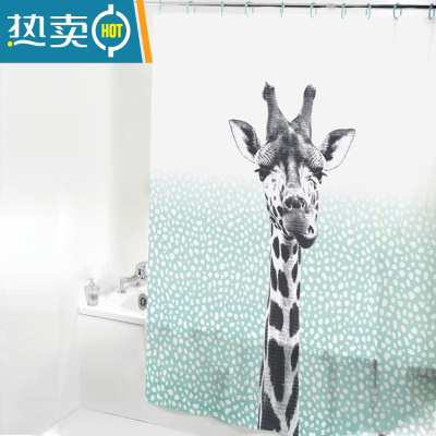 敬平浴室防水布卫生间干湿分离浴帘卡通浴廉套装免打孔隔断帘送挂钩