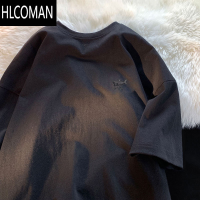 HLCOMAN刺绣短袖T恤男美式潮牌ins宽松体恤鲨鱼绣花体恤上衣