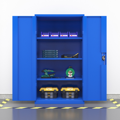 臻远重型五金工具柜铁皮柜双开门置物柜多功能零件柜~三层储物柜蓝色