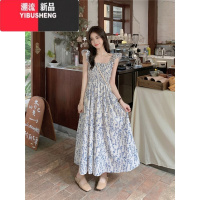 YIBUSHENG茶歇法式蓝色碎花连衣裙女季新款仙女碎花收腰吊带长裙沙滩裙子