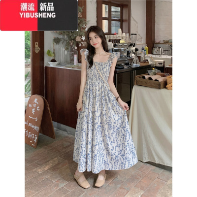 YIBUSHENG茶歇法式蓝色碎花连衣裙女季新款仙女碎花收腰吊带长裙沙滩裙子