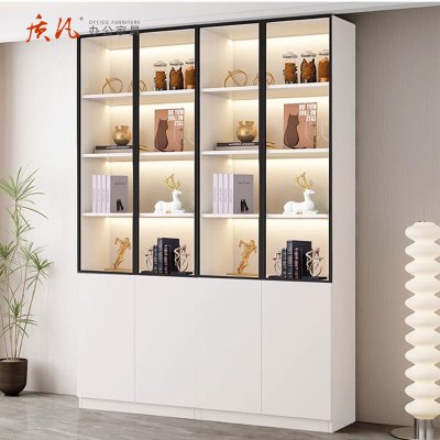 质凡书柜玻璃门展示柜现代定制家用客厅一体书架满墙柜子奖杯柜 1700*400*2300mm