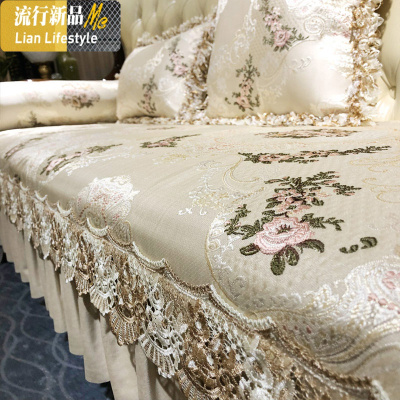 欧式沙发垫四季通用防滑布艺美式轻奢真皮坐垫套罩巾定做 三维工匠 蓝色-琉璃石光 [65+裙摆]*180cm