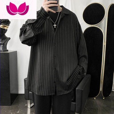 七斓条纹衬衫外套男薄款夏季加肥加大码宽松休闲肥佬装男士长袖黑衬衣