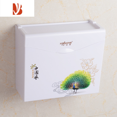 三维工匠加厚厕所纸巾盒草纸盒免打孔卫生间纸巾盒檫纸盒厕所塑料擦手纸盒 孔雀开屏[升级加厚-送无痕贴]