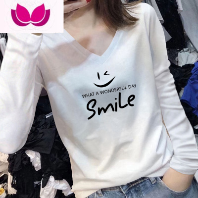 七斓欧货V领长袖t恤女夏薄款上衣2023年新款早秋内搭印花打底小衫