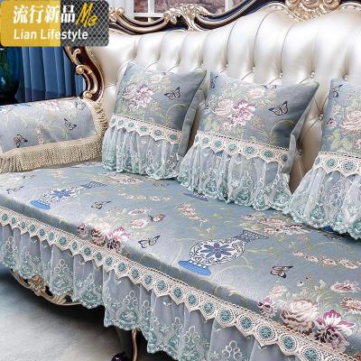 欧式沙发垫套罩四季通用防滑贵妃123组合轻美式真皮坐垫 三维工匠 蝶恋花-灰蓝(直边款) 30*50cm腰枕含芯