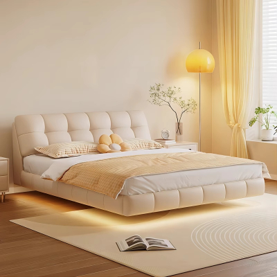 欧梵森北欧奶油风悬浮床皮艺双人床现代简约主卧室云朵软包真皮床婚床高档感应灯床