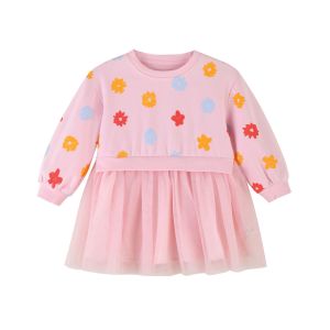 [1件3折]秋季新款女童针织长袖连衣裙甜美印花裙子休网纱拼接连衣裙