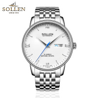 梭伦(SOLLEN)手表男士新款正品自动机械表太阳纹防水超薄时尚休闲商务品质精钢双日历男表SL-9020