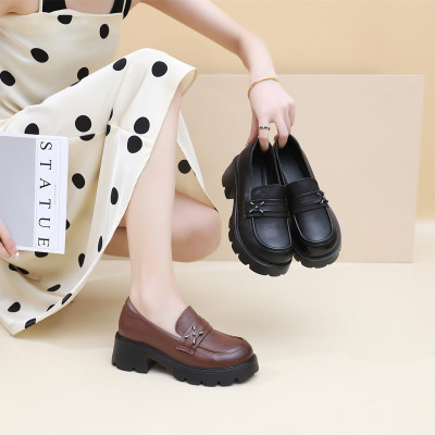 25新潮款中跟皮带扣乐福鞋春秋英伦皮鞋厚底复古时尚百搭牛皮女鞋