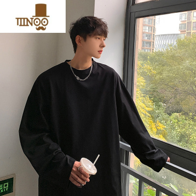 YANXU纯色男士长袖t恤潮牌oversize圆领卫衣秋装内搭打底衫