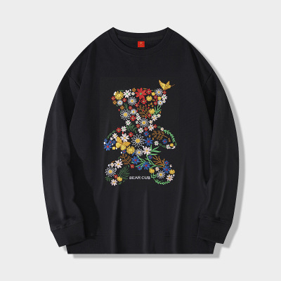 国潮卫衣男春秋新款中国风花海小熊刺绣长袖圆领宽松大码套头上衣