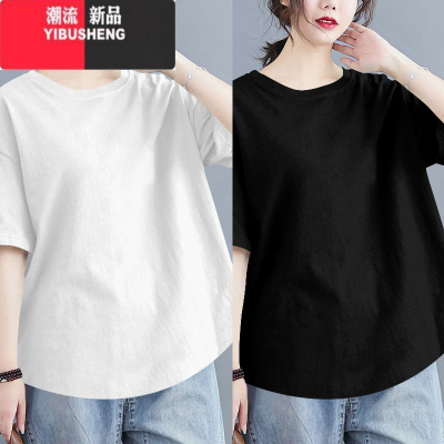 YIBUSHENG中长款弧形下摆短袖t恤女士季新款不规则宽松百搭打底上衣