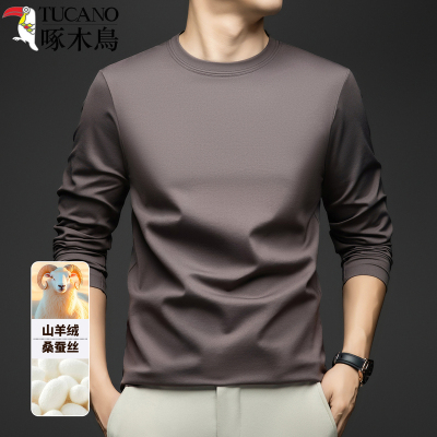 啄木鸟含桑蚕丝山羊绒磨毛无痕圆领长袖T恤男士纯色打底衫体恤男