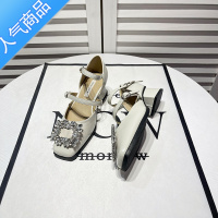 SUNTEK2023新款水钻方头浅口粗跟中空单鞋一字带法式银色高跟凉鞋女