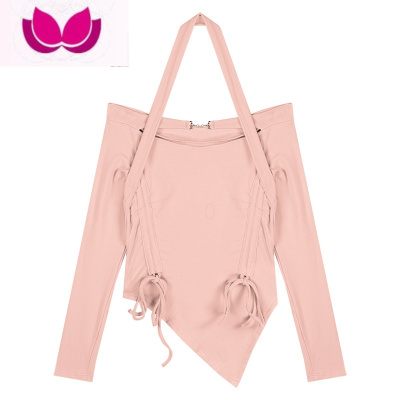 七斓辣妹一字肩挂脖长袖T恤女春季紧身不规则抽绳修身显瘦上衣打底衫