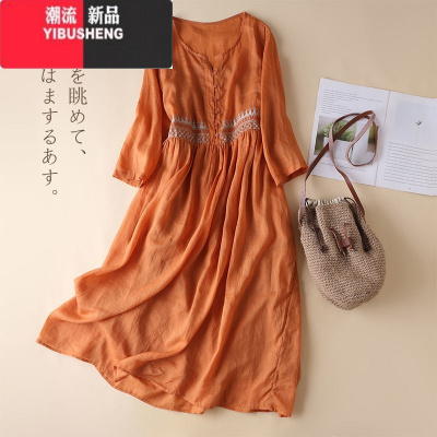 YIBUSHENG2024春秋民族风刺绣连衣裙文艺气质圆领九分袖中长款棉裙子女