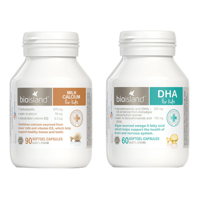 2件装 | 佰澳朗德(Bio Island)婴幼儿童液体钙乳钙胶囊1瓶+婴幼儿童DHA海藻油胶囊1瓶