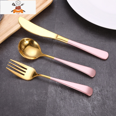 儿童可爱刀叉勺 三件套网红304不锈钢牛排刀叉套装北欧西餐餐具 敬平 刀叉勺三件套(粉金)