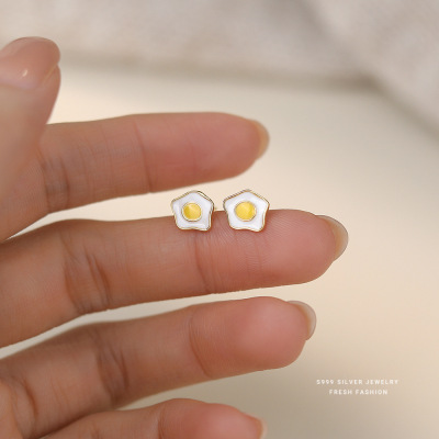 可爱趣味荷包蛋耳钉女s999纯银日韩时尚百搭ins煎蛋耳饰足银代发送女朋友老婆情人节七夕生日礼物