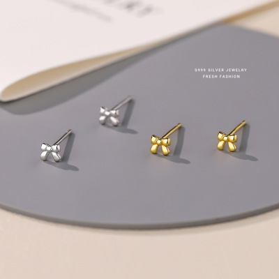 可爱迷你蝴蝶结耳钉女s999纯银甜美小巧百搭时尚足银耳饰耳骨钉送女朋友老婆情人节七夕生日礼物