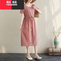 YIBUSHENG妈妈复古格子棉麻短袖连衣裙女宽松收腰显瘦苎麻气质休闲中长裙