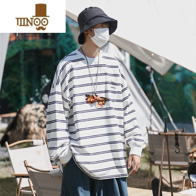 YANXU日系条纹长袖t恤男士潮牌痞帅炸街圆领打底衫上衣港风卫衣