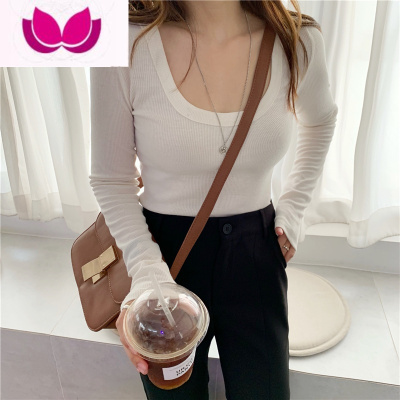 七斓秋装辣妹性感内搭紧身纯色弹力打底衫长袖大u领T恤低胸内搭上衣女