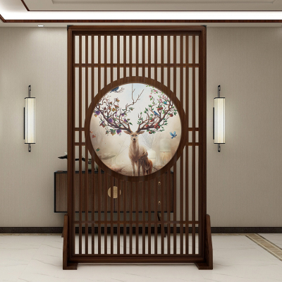 新中式屏风隔断客厅入户北欧栅栏轻奢风屏风实木镂空半透纱画座屏 定制80*180cm胡桃木 整装