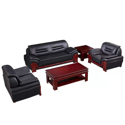 易企采 单+单+三人位加厚西皮 办公实木框架沙发简约现代商务会客办公室接待室洽谈沙发茶几组合