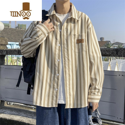 YANXU日系cityboy条纹翻领衬衫男春季宽松百搭青少年衬衣潮牌bf风外套