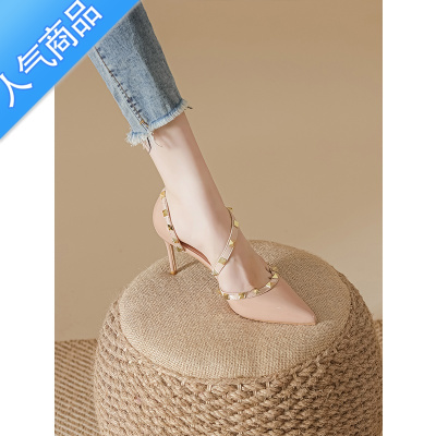 SUNTEK41一43大码欧美铆钉一字带扣凉鞋女包头313233小码高跟鞋细跟