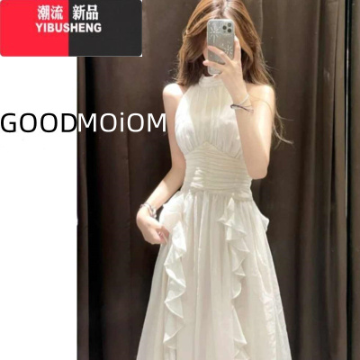 YIBUSHENG法式高级感露肩无袖挂脖连衣裙女收腰设计感小众荷叶边气质长裙