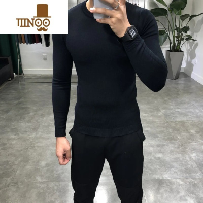 YANXU2023新款男士圆领毛衣潮流休闲百搭青年修身长袖针织打底衫