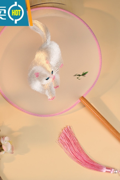 XIANCAI团扇古风扇子半透长柄流苏舞蹈扇女古装汉服旗袍刺绣小圆扇中国风 单面刺绣猫咪嬉趣