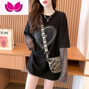 七斓短袖T恤女夏季宽松设计感蕾丝袖拼接长袖服假上衣潮