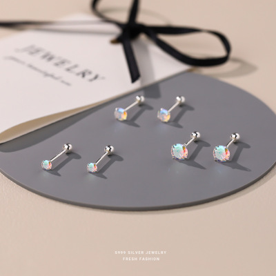 简约轻奢幻彩锆石耳钉女s999纯银极简风百搭拧螺丝足银耳饰代发送女朋友老婆情人节七夕生日礼物