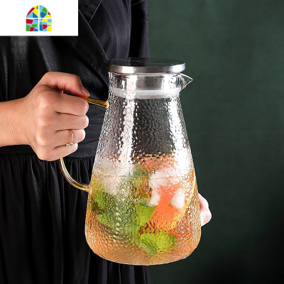 封后北欧水具套装家用玻璃冷水壶耐热轻奢水杯套装客厅简约锤纹凉水壶 FE 锤纹饮具-直身水壶x1+直身杯x4+铁艺托盘小号