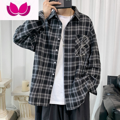 七斓格子长袖衬衫男宽松韩版潮学生休闲复古帅气外穿磨毛衬衣外套