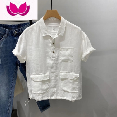 七斓2023夏季新款纯色日系宽松亚麻短袖衬衣男百搭多口袋工装套头衬衫