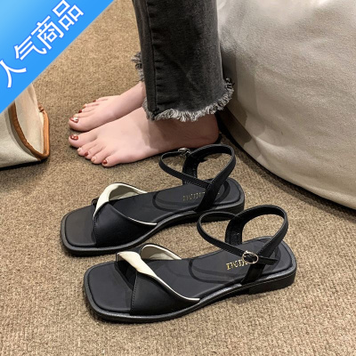 SUNTEK法式细带凉鞋女夏平底百搭黑色方头一字带简约ins潮大学生罗马鞋