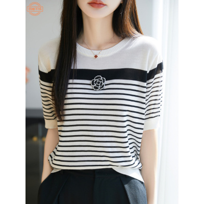 夏季圆领条纹针织短袖女100莱赛尔天丝上衣新款时尚宽松T恤衫