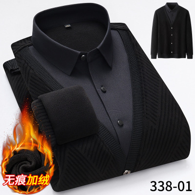 秋冬新款男士无痕衬衣假两件保暖长袖衬衫加绒保暖内衣潮