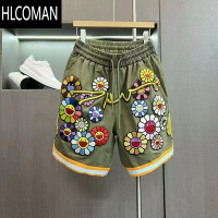 HLCOMAN加大码300斤刺绣金线太阳花短裤男装夏季宽松休闲工装运动五分裤2