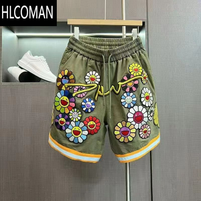 HLCOMAN加大码300斤刺绣金线太阳花短裤男装夏季宽松休闲工装运动五分裤2